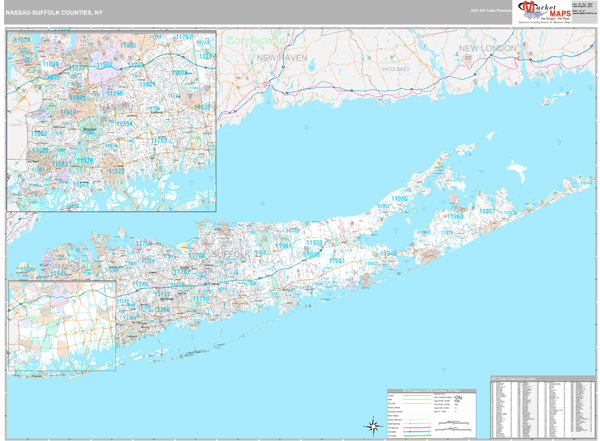 Nassau-Suffolk Counties, NY Wall Map