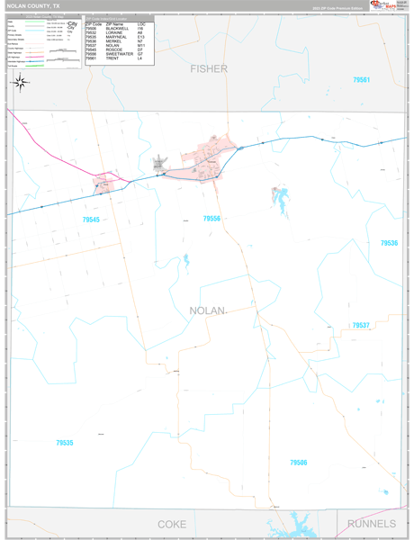 Nolan County, TX Carrier Route Wall Map