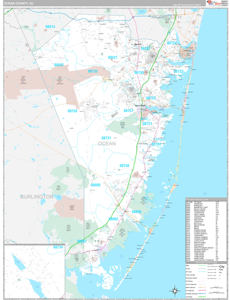 Ocean County Wall Map Premium Style