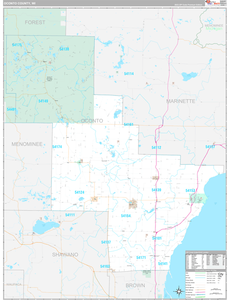 Oconto County, WI Wall Map Premium Style