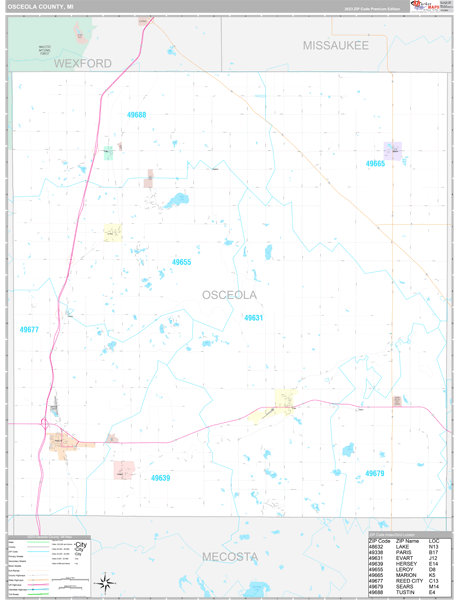 Osceola County, MI Wall Map Premium Style