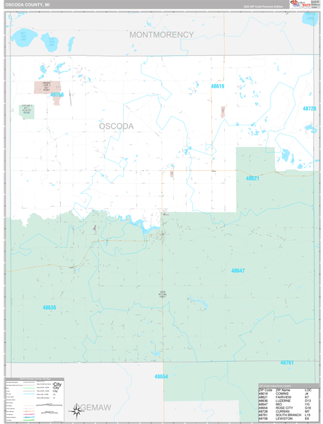 Oscoda County, MI Wall Map Premium Style