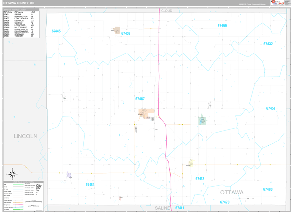 Ottawa County, KS Carrier Route Wall Map