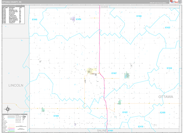 Ottawa County, KS Wall Map Premium Style