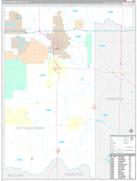 Pottawatomie County, OK Carrier Route Wall Map