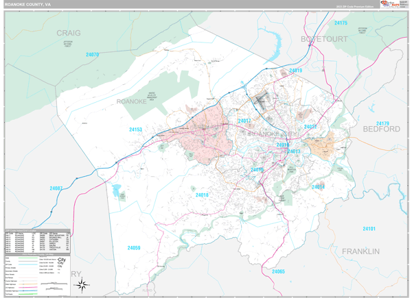 Map Of Roanoke County Va Roanoke County, VA Wall Map Premium Style by MarketMAPS