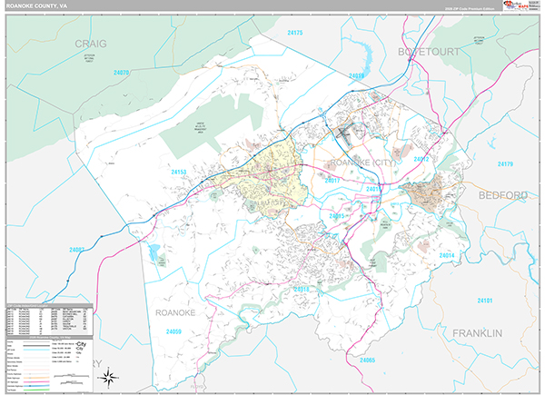 Roanoke County, VA Wall Map