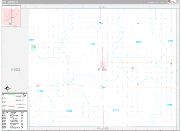 Rush County, KS Carrier Route Wall Map