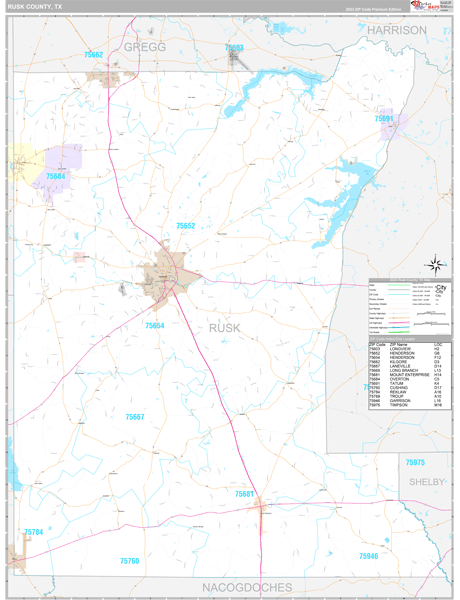 Rusk County, TX Wall Map