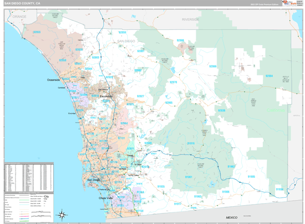 San Diego County, CA Wall Map Premium Style by MarketMAPS - MapSales