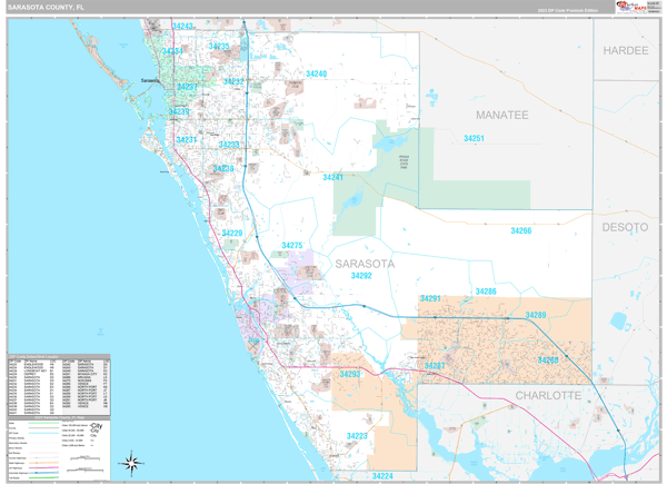 Sarasota County Wall Map Premium Style