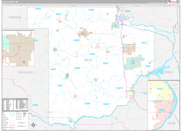 Sauk County, WI Wall Map Premium Style