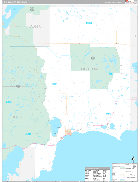 Schoolcraft County, MI Wall Map