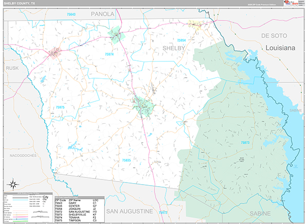 Shelby County, TX Zip Code Map