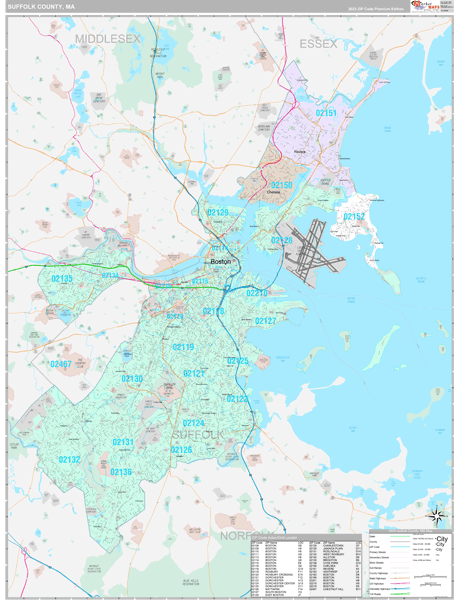 Suffolk County, MA Carrier Route Wall Map