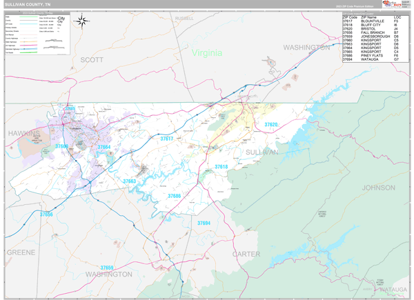 Sullivan County, TN Wall Map Premium Style