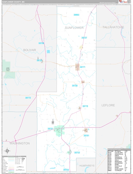 Sunflower County, MS Wall Map Premium Style