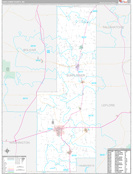 Sunflower County, MS Zip Code Map