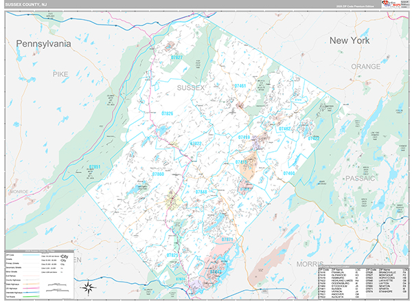 Sussex County, NJ Zip Code Map