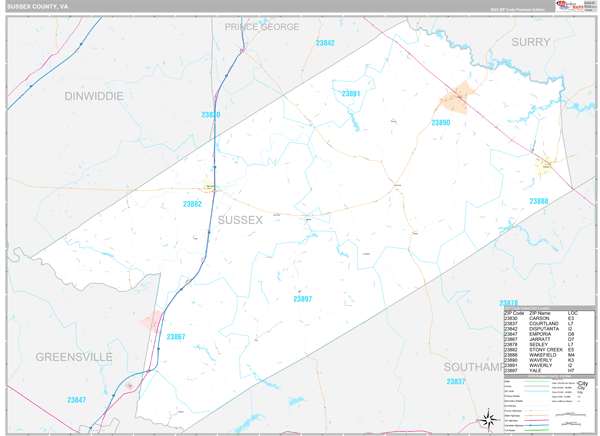 Sussex County, VA Carrier Route Wall Map
