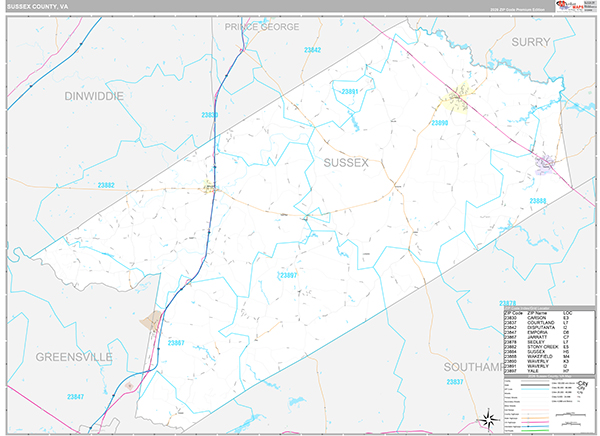 Sussex County, VA Wall Map