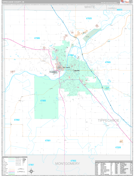 Tippecanoe County, IN Wall Map Premium Style