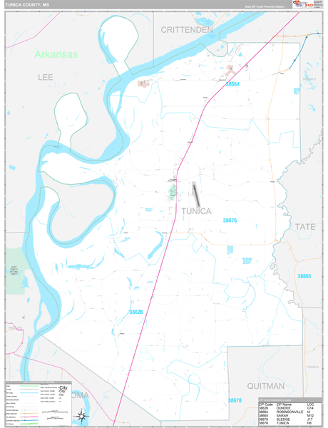 Tunica County, MS Carrier Route Wall Map