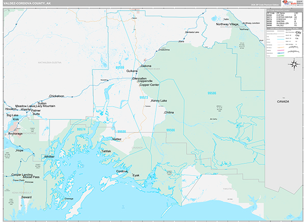 Valdez-Cordova Borough (County), AK Carrier Route Wall Map