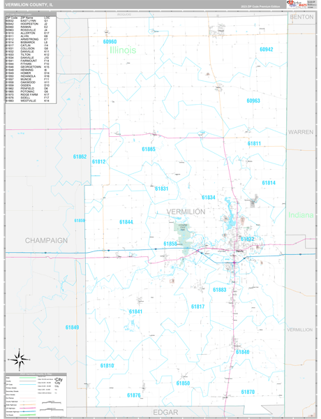 Vermilion County Wall Map Premium Style