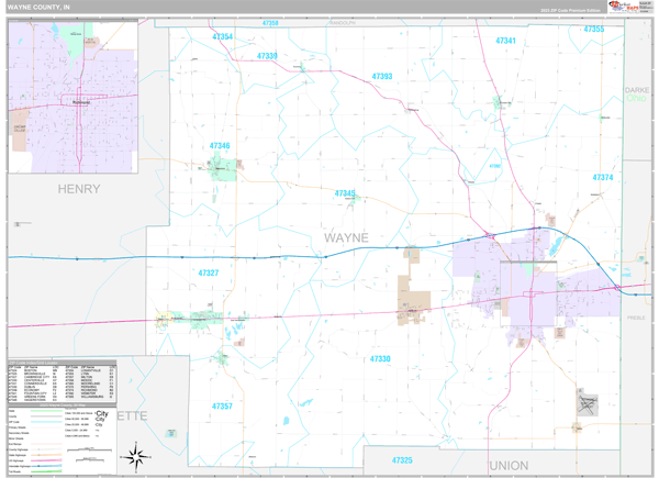 Wayne County, IN Wall Map Premium Style