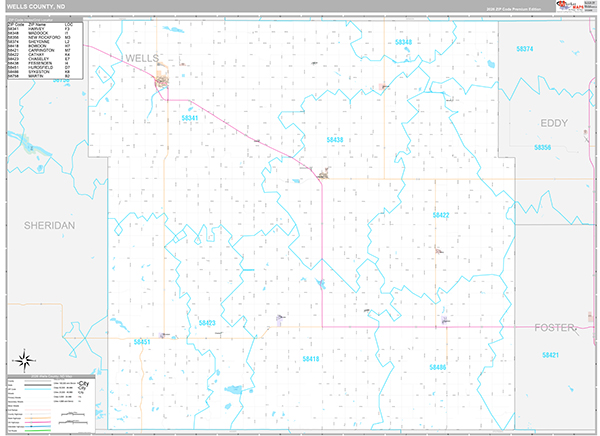 Wells County, ND Wall Map