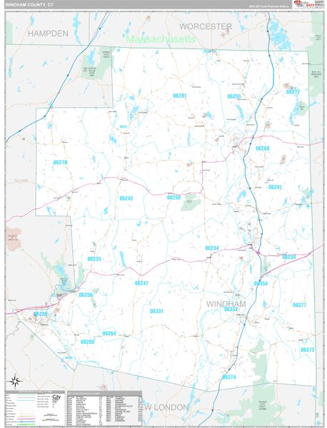 Windham County Wall Map Premium Style