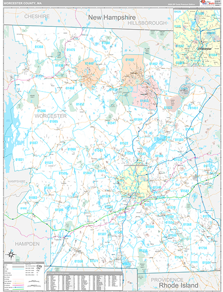 Worcester County, MA Wall Map
