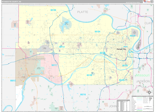 Wyandotte County KS Wall Map Premium Style by MarketMAPS MapSales