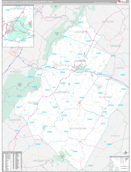 Charlottesville, VA Metro Area Wall Map