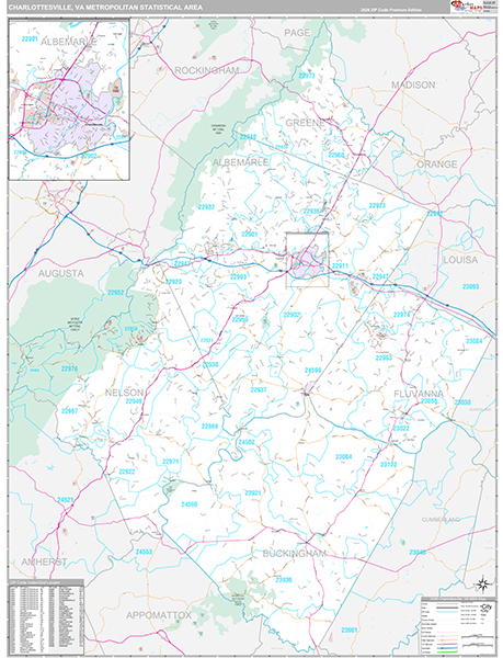 Charlottesville Metro Area Wall Map Premium Style