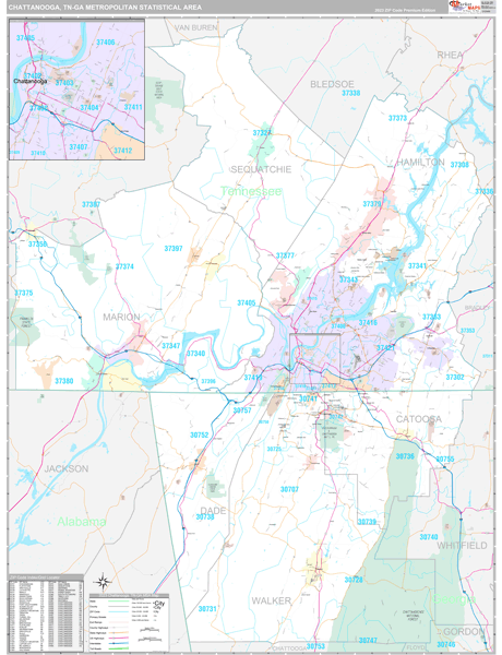 Chattanooga Metro Area Wall Map Premium Style