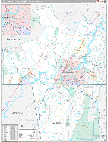 Chattanooga Metro Area Wall Map Premium Style