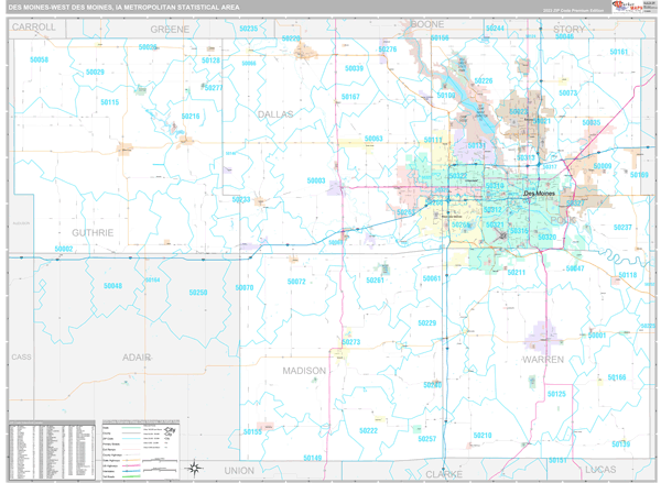 Des Moines-West Des Moines, IA Metro Area Zip Code Wall Map Premium ...