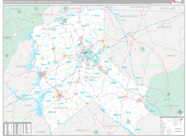 Greenville-Anderson-Mauldin, SC Metro Area Zip Code Wall Map Premium ...