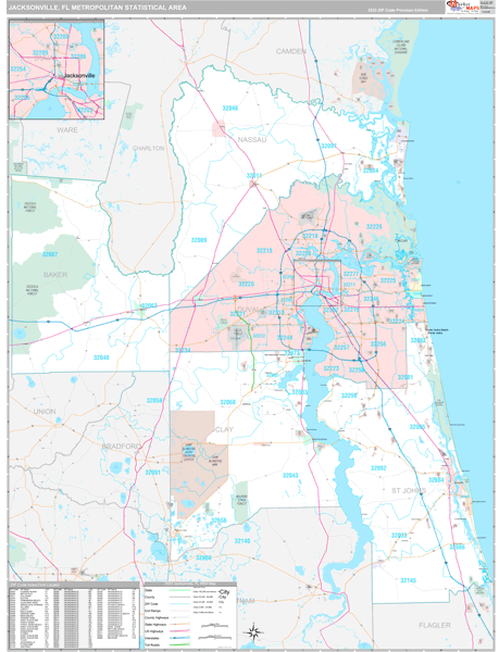 Jacksonville, FL Metro Area Wall Map