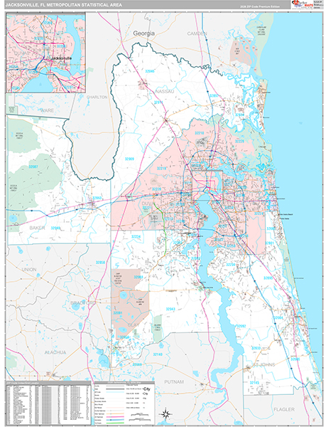 Jacksonville Metro Area Wall Map Premium Style