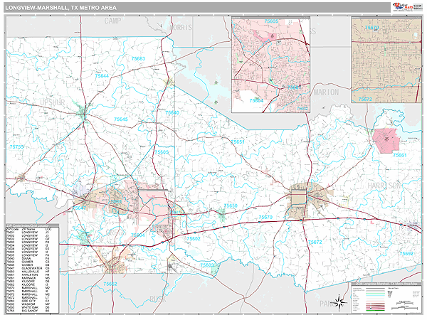 Longview-Marshall, TX Metro Area Wall Map Premium Style by MarketMAPS ...