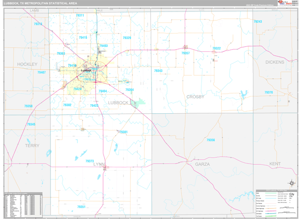 Lubbock Tx Metro Area Zip Code Wall Map Premium Style By Marketmaps