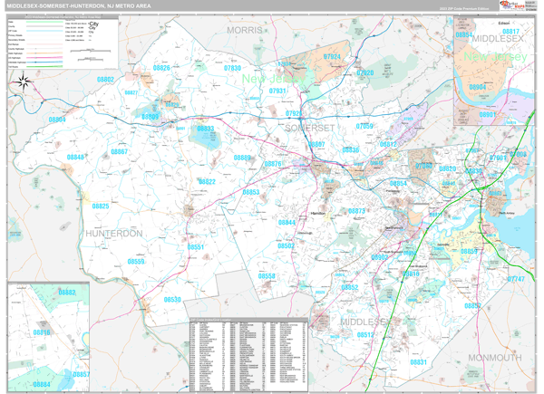 Middlesex-Somerset-Hunterdon, NJ Metro Area Wall Map Premium Style by ...