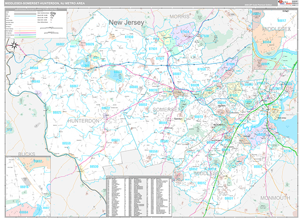 Middlesex-Somerset-Hunterdon, NJ Metro Area Zip Code Wall Map Premium