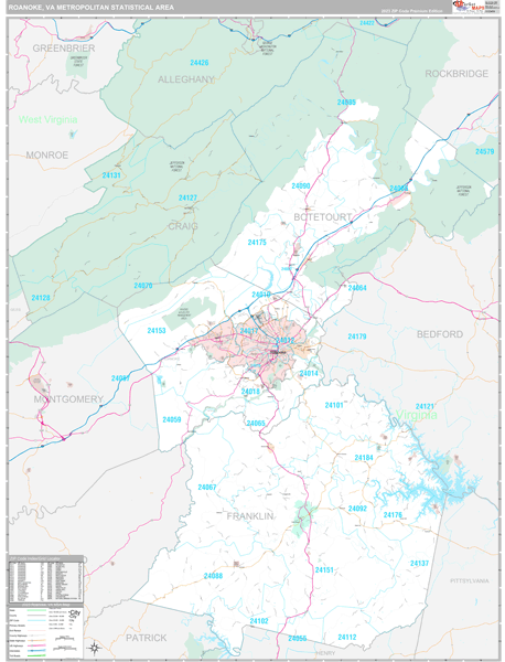 Roanoke, VA Metro Area Wall Map