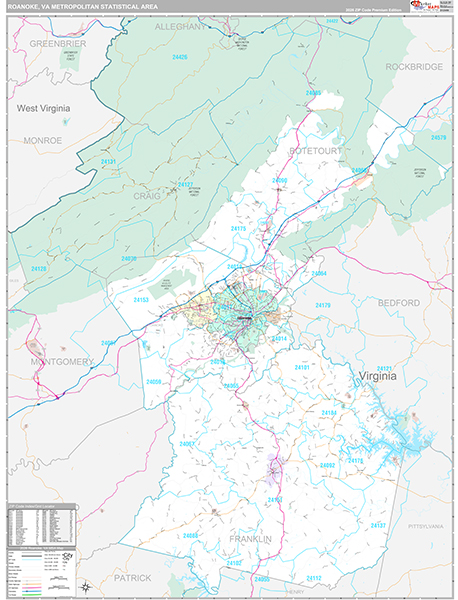 Roanoke, VA Metro Area Wall Map