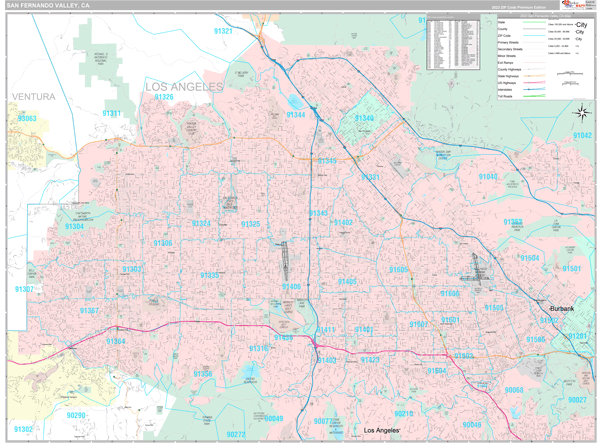 san fernando valley zip code map San Fernando Valley Metro Area Ca Zip Code Map Premium Style san fernando valley zip code map