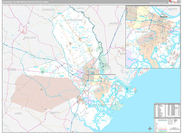 Savannah, GA Metro Area Wall Map